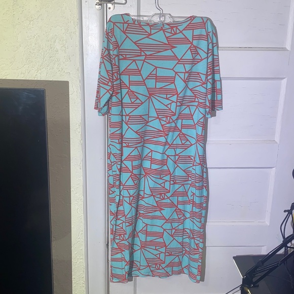 LuLaRoe Teal & Orange Geometric Shapes Julia Midi Dress - Picture 2 of 6